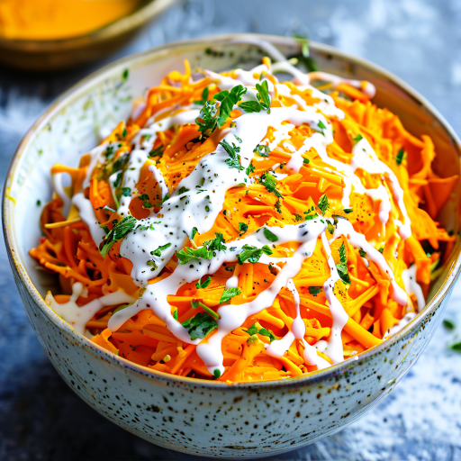 A vibrant bowl of creamy carrot slaw with flecks of green herbs and a drizzle of lemony yogurt dressing.